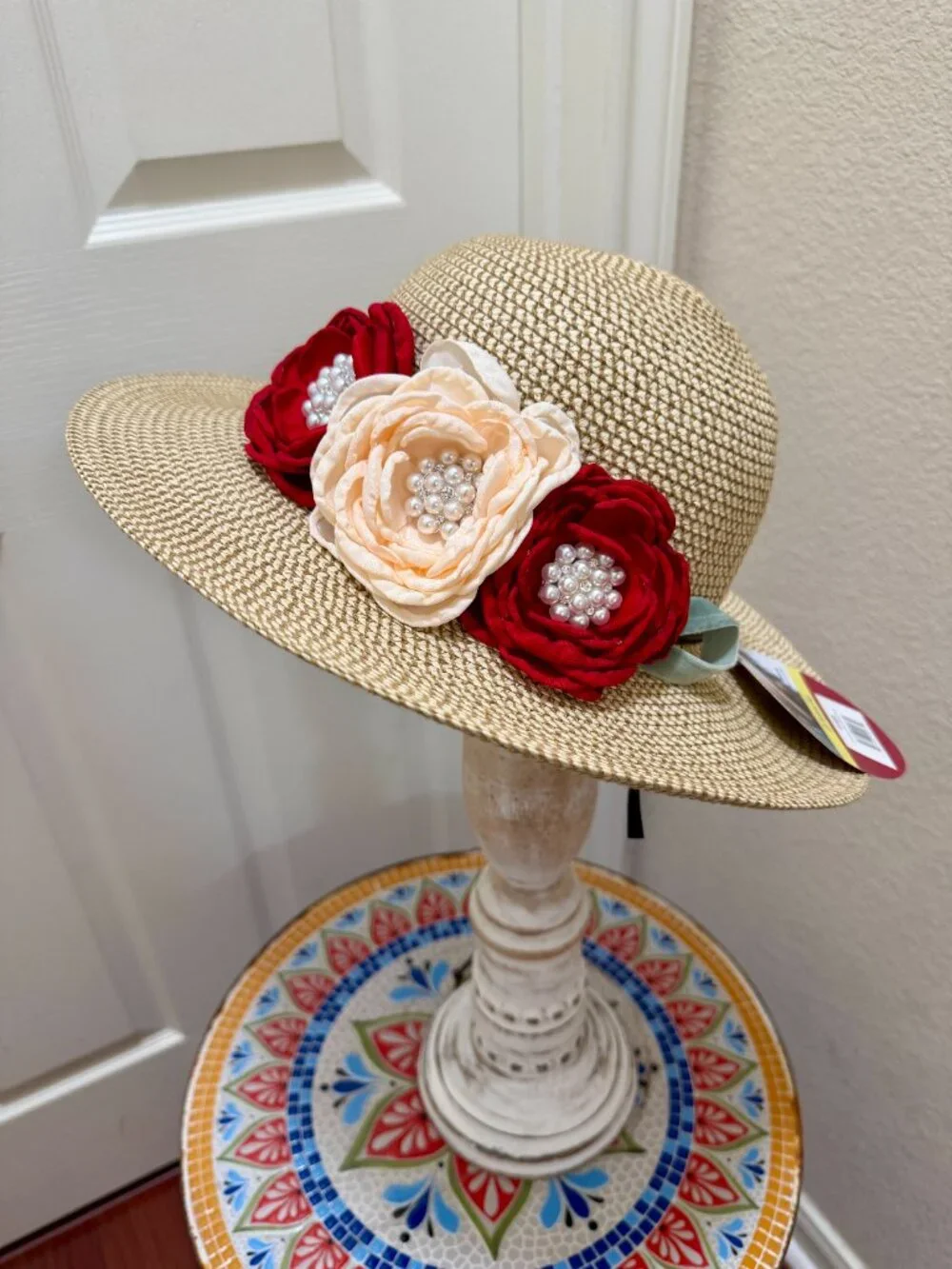 Elegant Women's Tweed Sun Hat With Satin Flowers And Pearls Wedding Tea Party